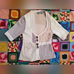 Anthropologie Crossword Cardigan by HWR Crochet Patchwork Bow Rare